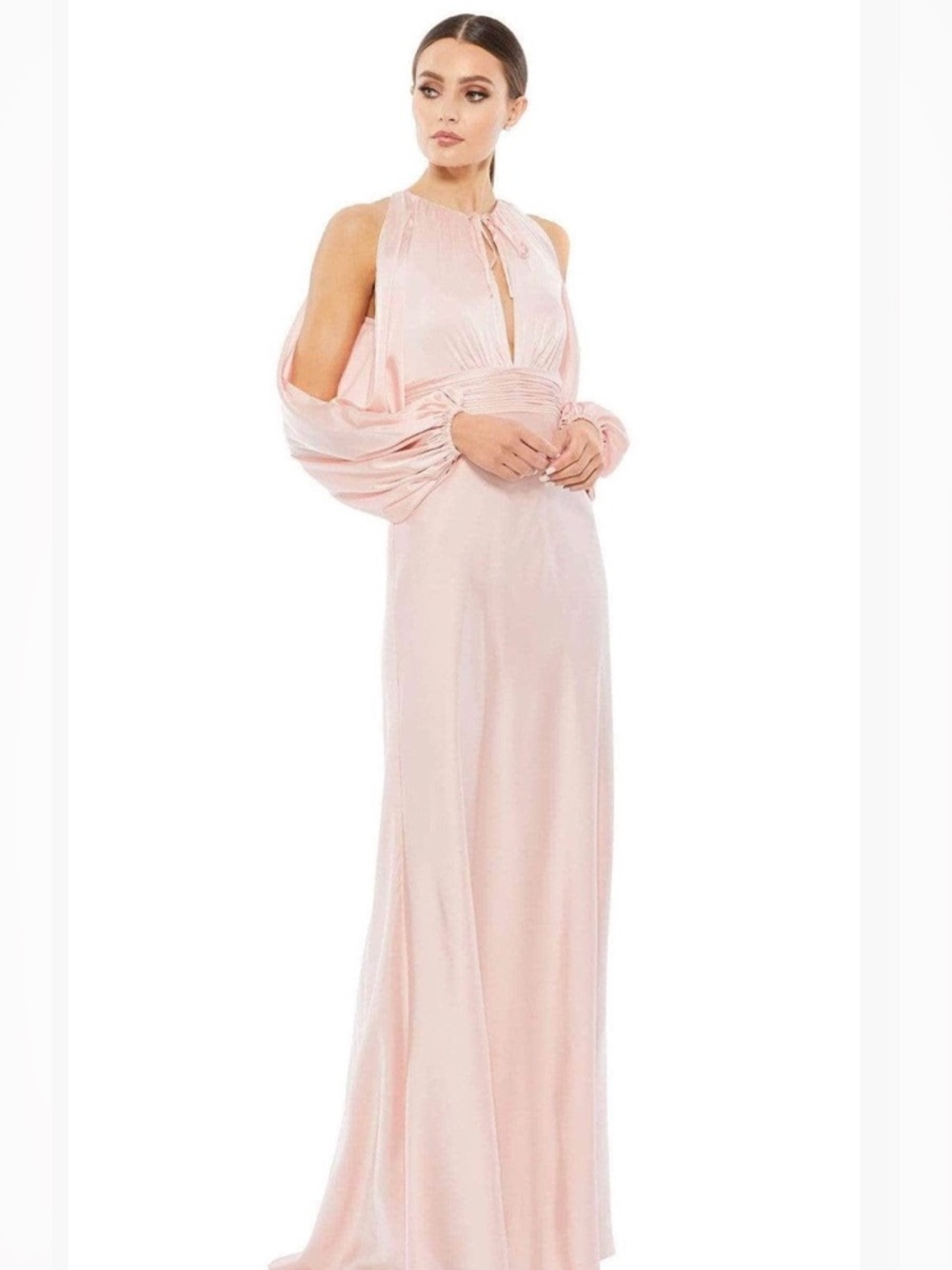 IEENA FOR MAC DUGGAL Slit Long Sleeve Satin A-Line Gown.